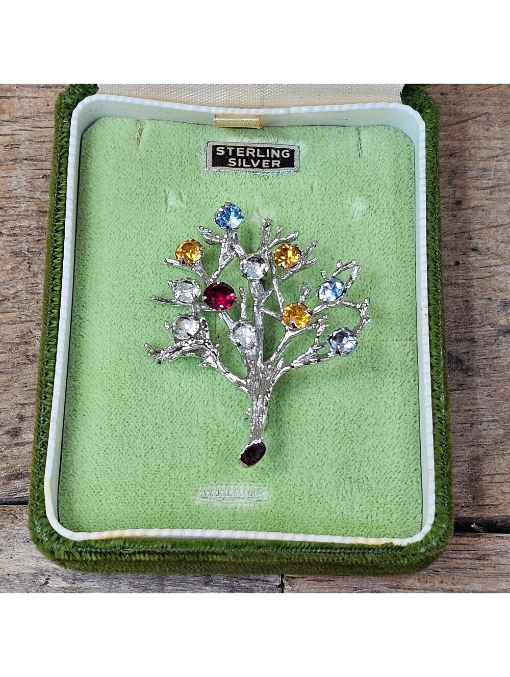Vintage Sterling Silver Tree Brooch Pin Multi-Color Rhinestone Crystal Christmas